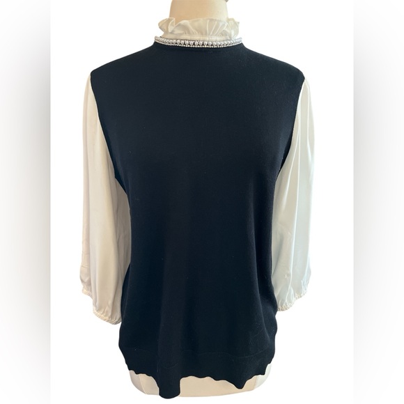 Cable & Gauge Sweaters - Cable & Gauge twofer sweater black knit body ivory poplin sleeves ruffle neck XL